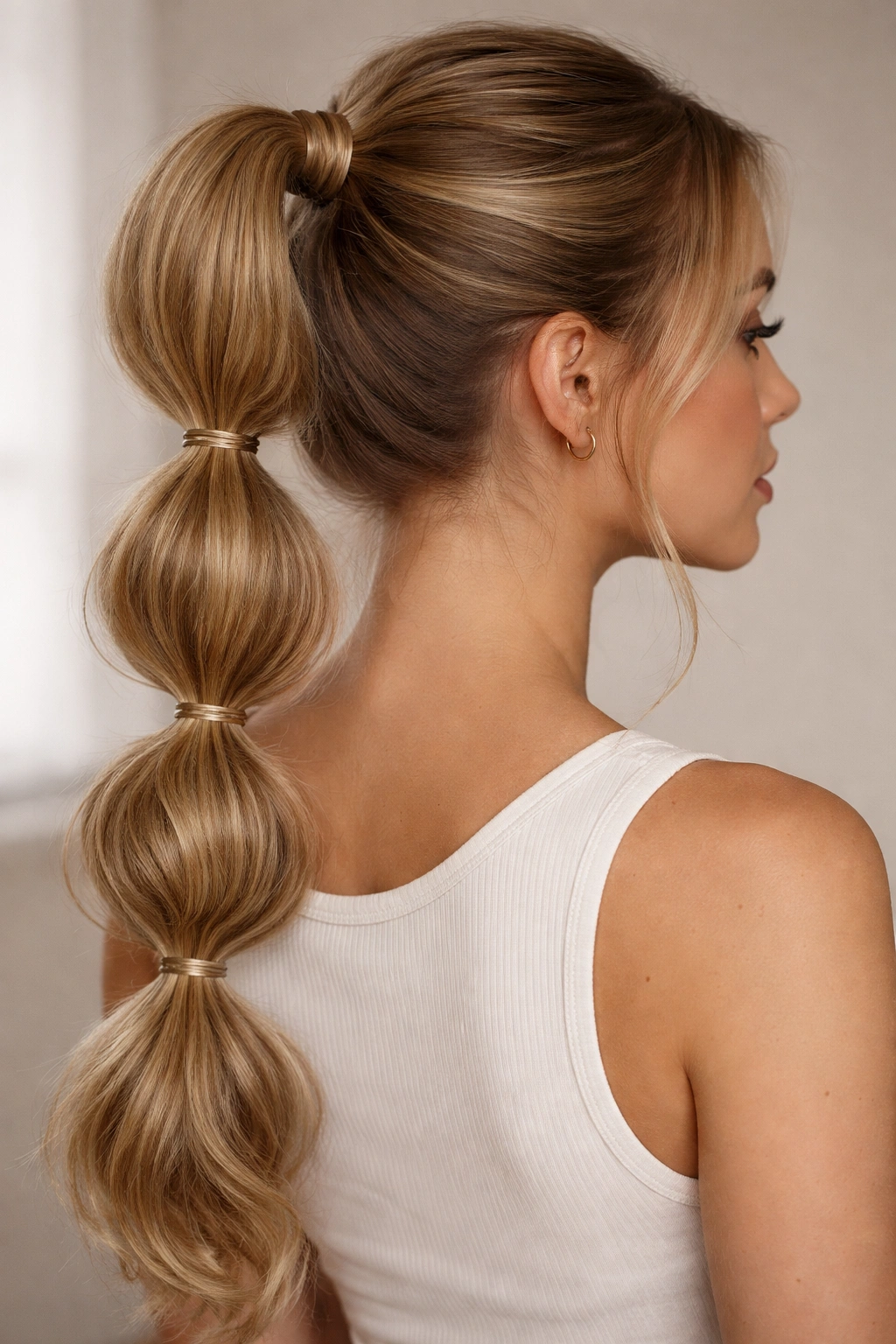 Bubble ponytail with segmented puffed sections along its length