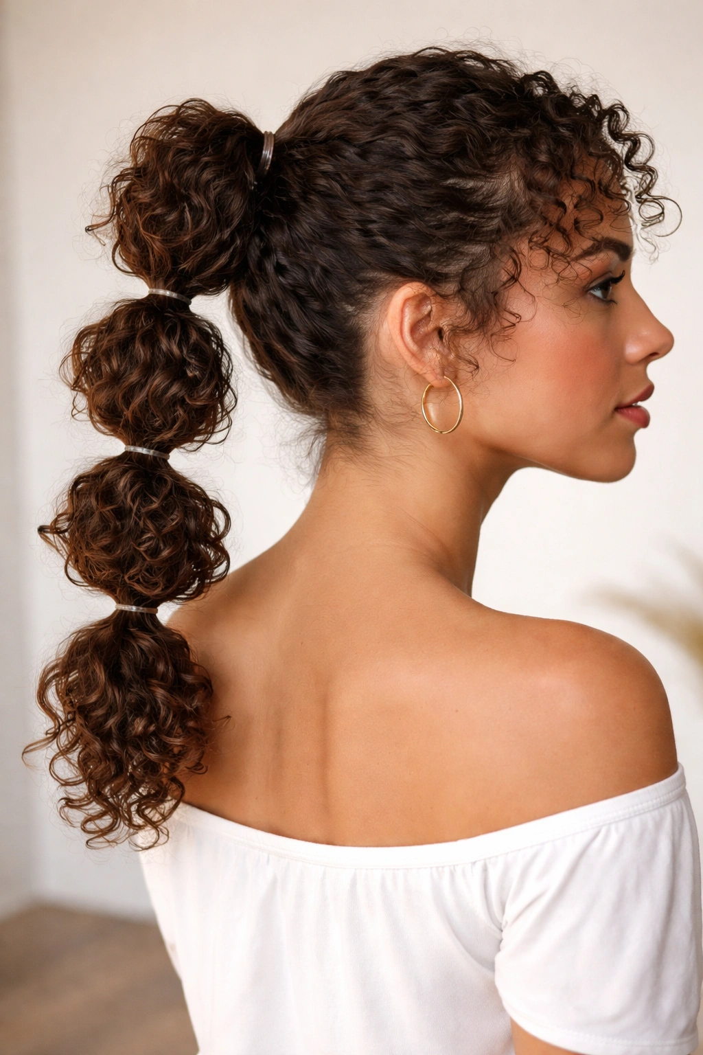 Bubble ponytail with distinct curl-defined segments on short curly hair