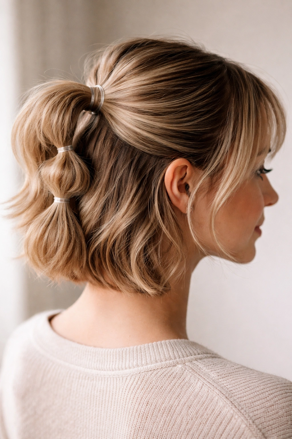 Close-up of a short hairstyle with bubble ponytail and elastic bubble segments.