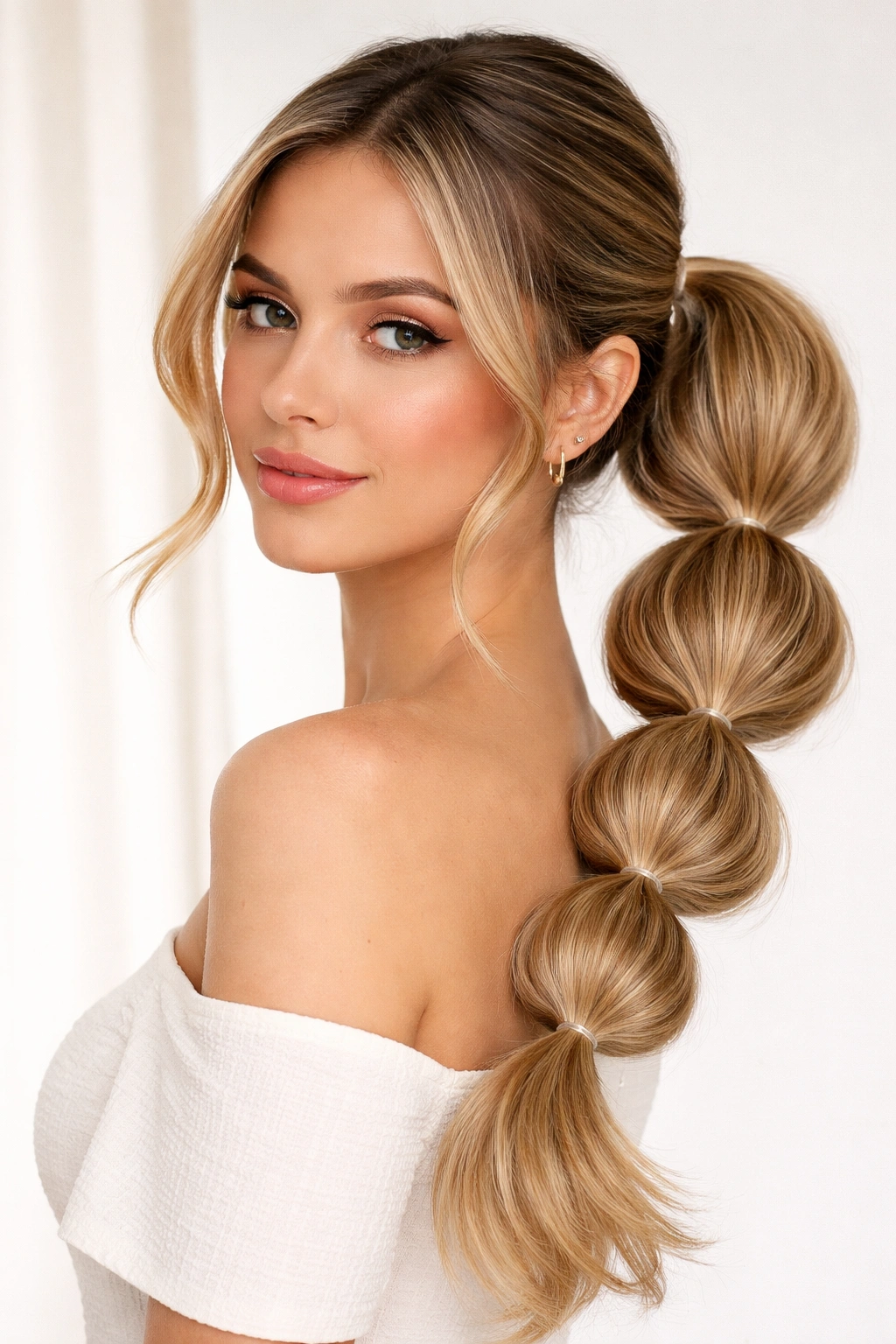 Side ponytail with multiple bubble segments created by elastic bands.