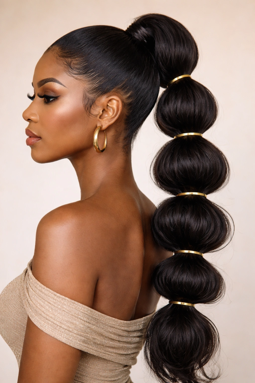 Bubble ponytail with stacked height showing segmented rounded bubbles along a ponytail