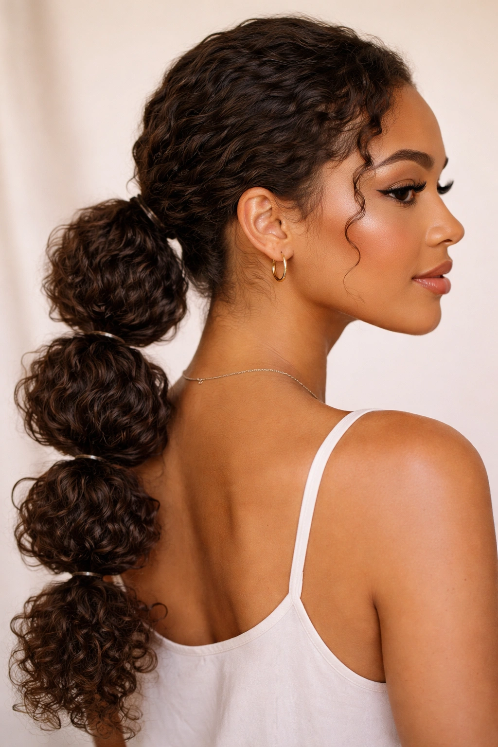Close-up of a low bubble ponytail showing distinct rounded curl sections for texture