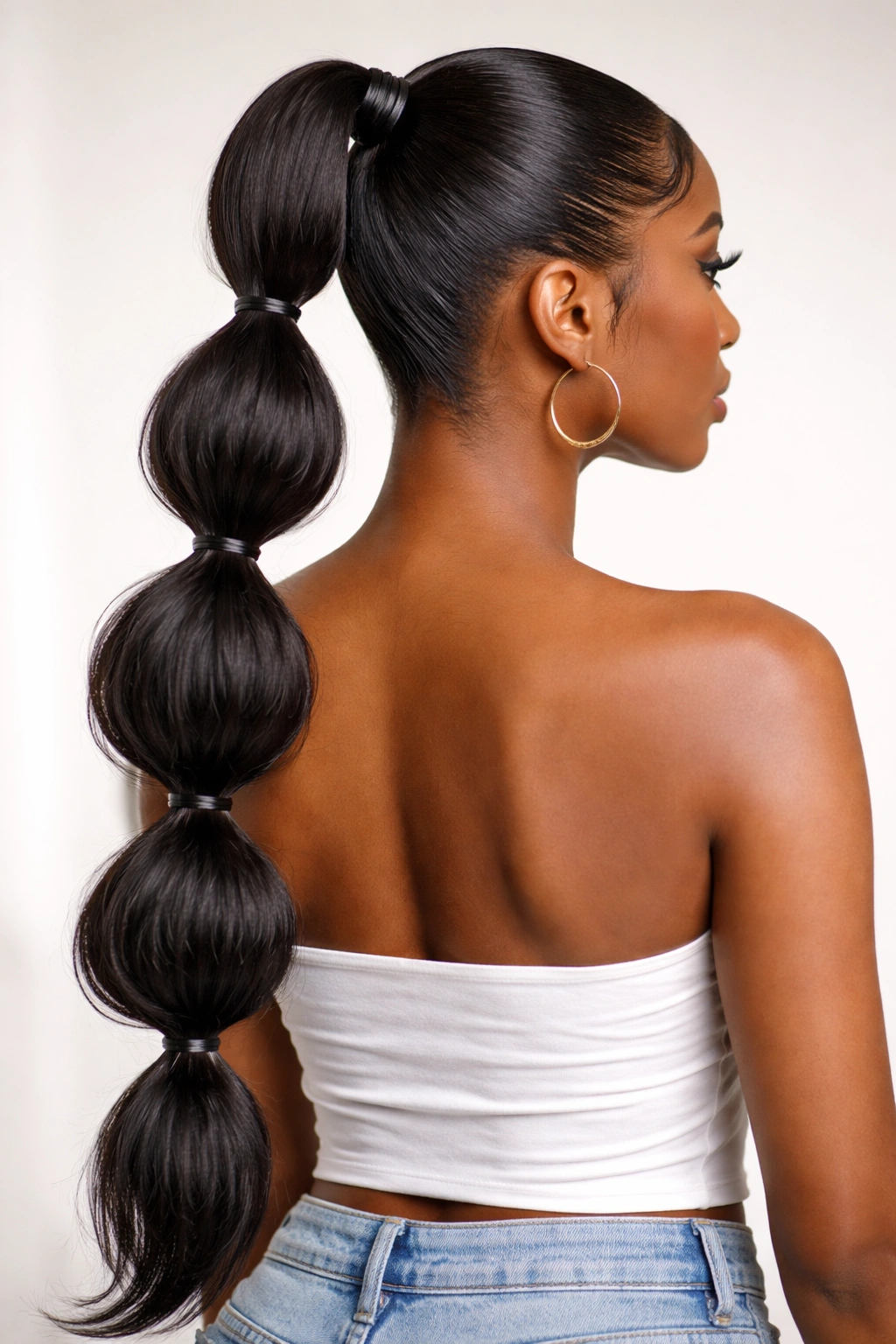 Back view of a bubble ponytail with multiple evenly spaced bubbles along the hair