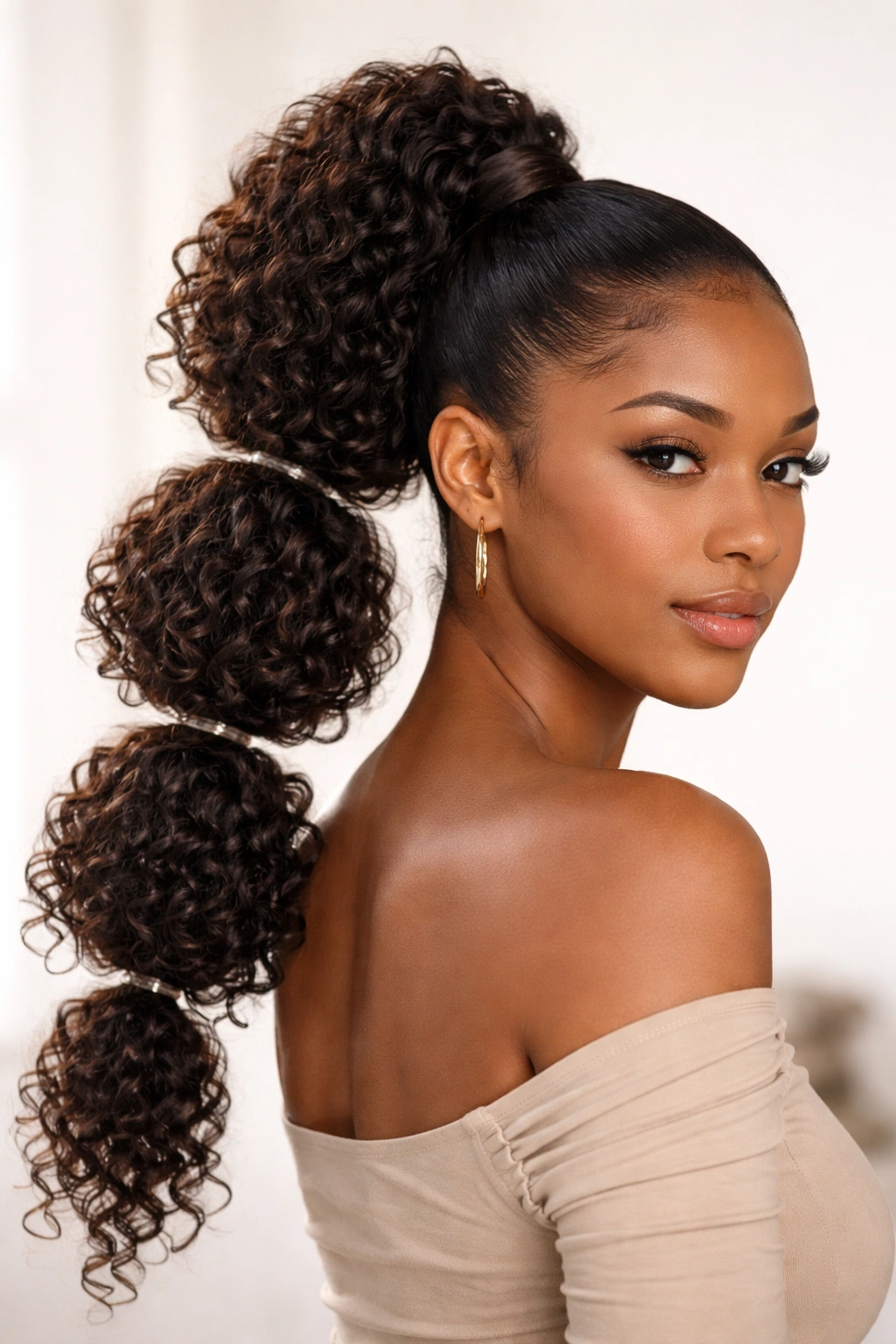 Textured bubble weave ponytail with defined bubble sections and curly texture