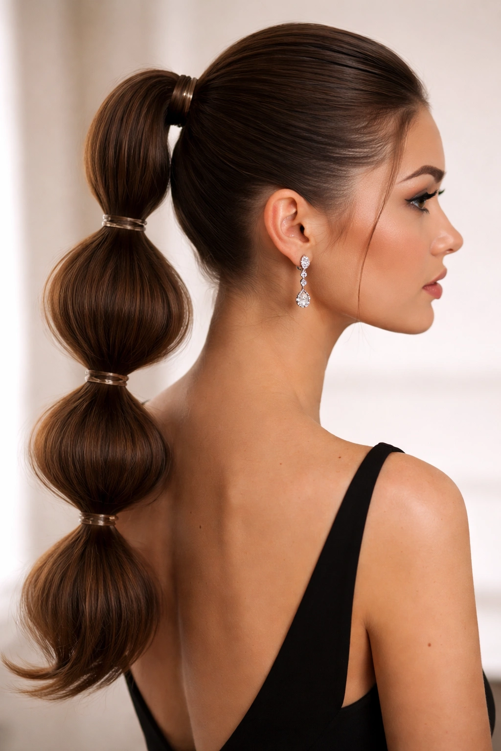 Close-up of a bubble ponytail with evenly spaced elastic bands forming bubble segments