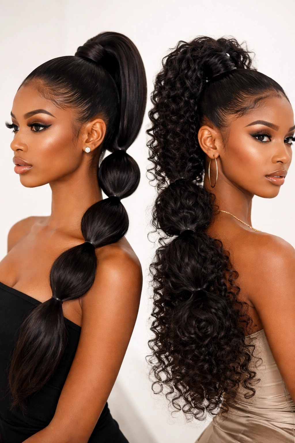 Close-up of a bubble ponytail with multiple elastic-wrapped bubble sections along the length.