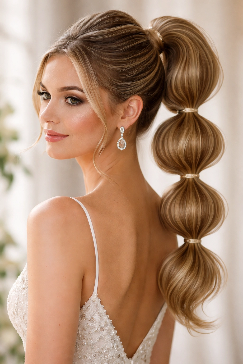 Bubble ponytail updo with stacked elastic sections