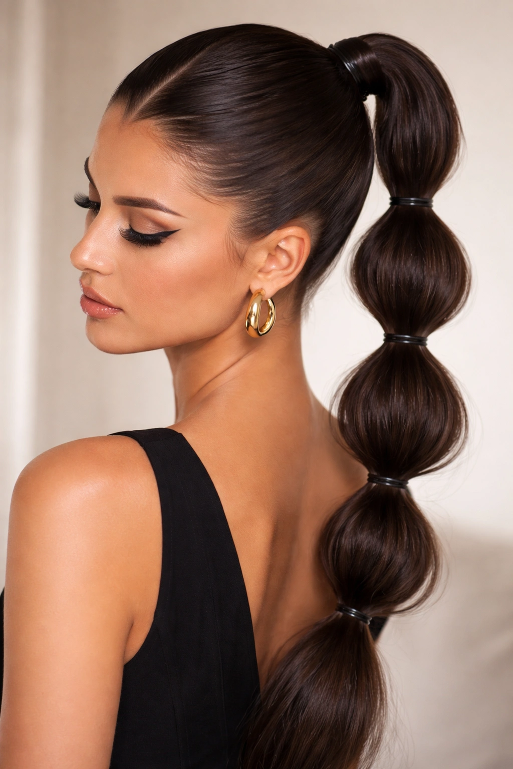 Close-up of bubble ponytail with V-part crown and segmented bubbles in studio lighting