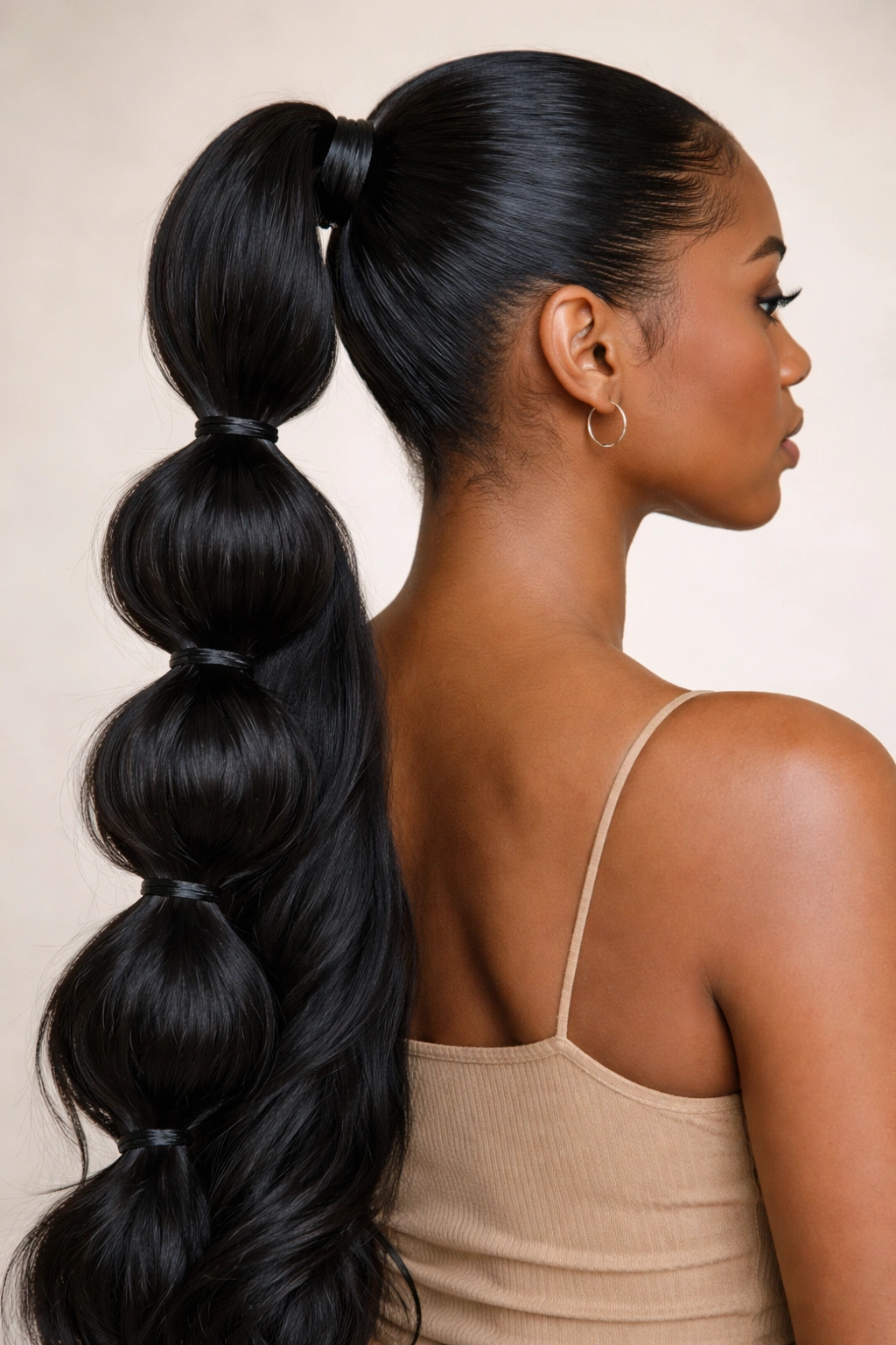 Base ponytail segmented into multiple rounded bubbles with elastic ties