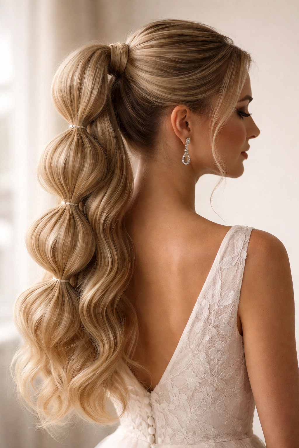 Close-up of Bubble Ponytail with evenly spaced bubbles along a high ponytail, bridal styling.