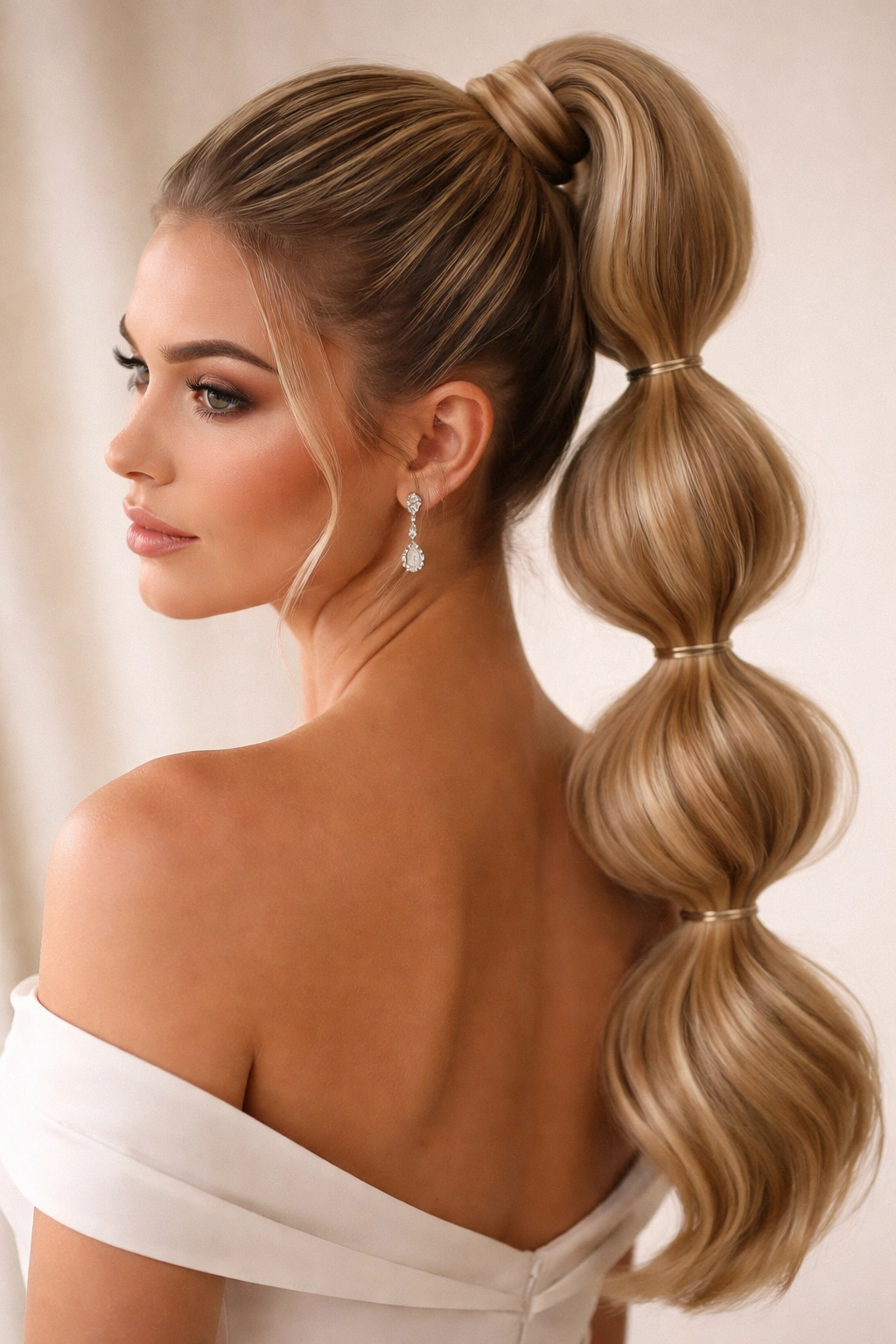 High bubble ponytail with stacked elastics creating volume for wedding day