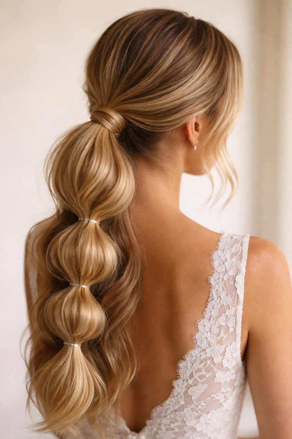 Bubble ponytail with segmented elastic bubbles along low ponytail