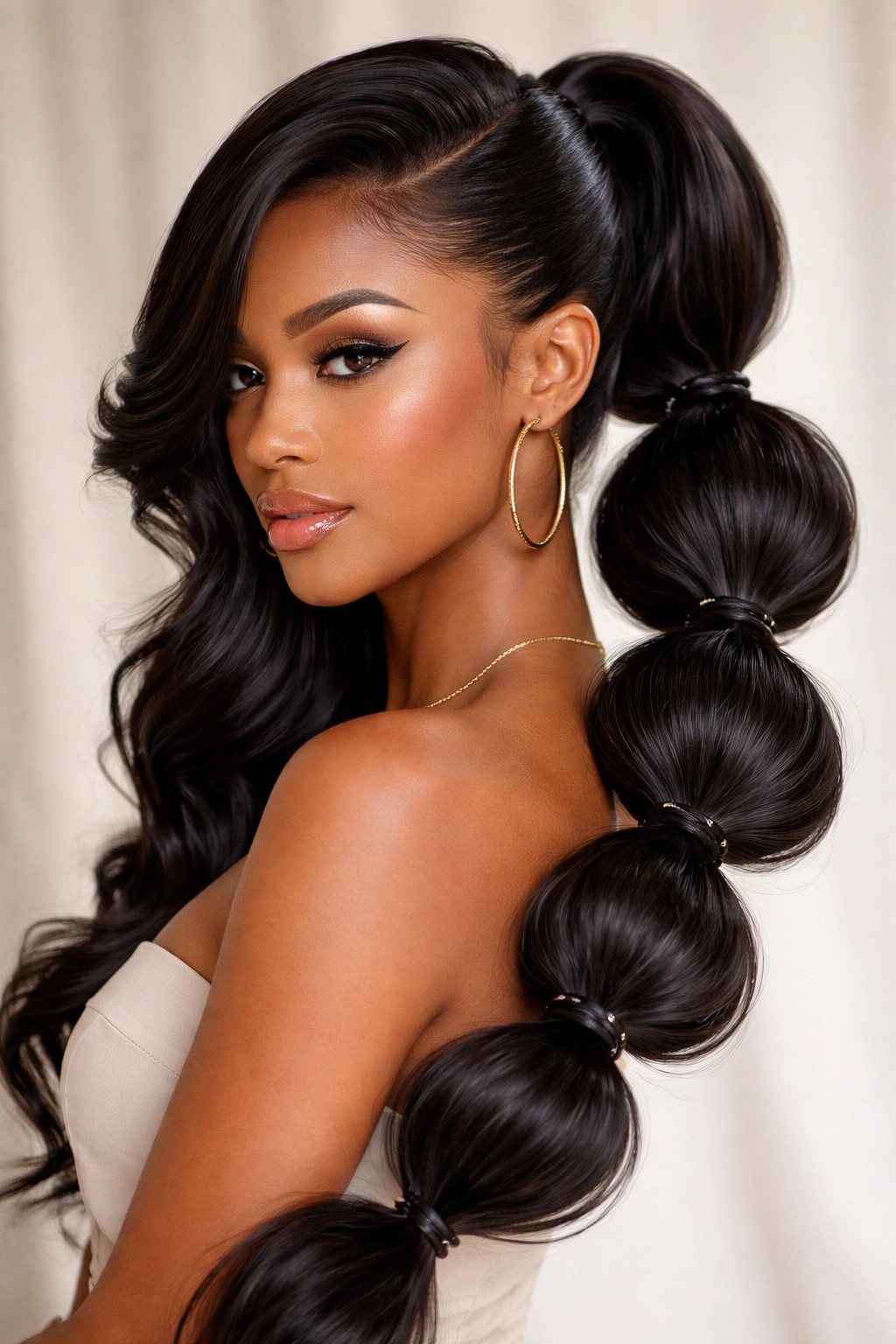 Bubble swoop ponytail with multiple elastic-backed bubbles along the length.