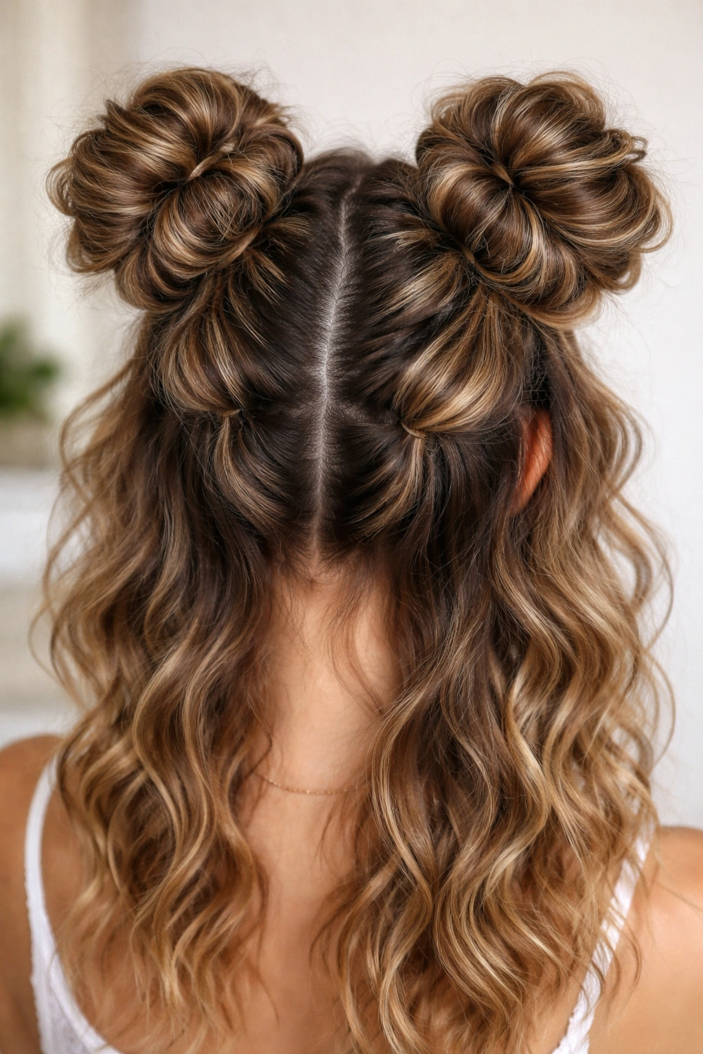 Crown-level view of bubble-topped space buns with elastic segments