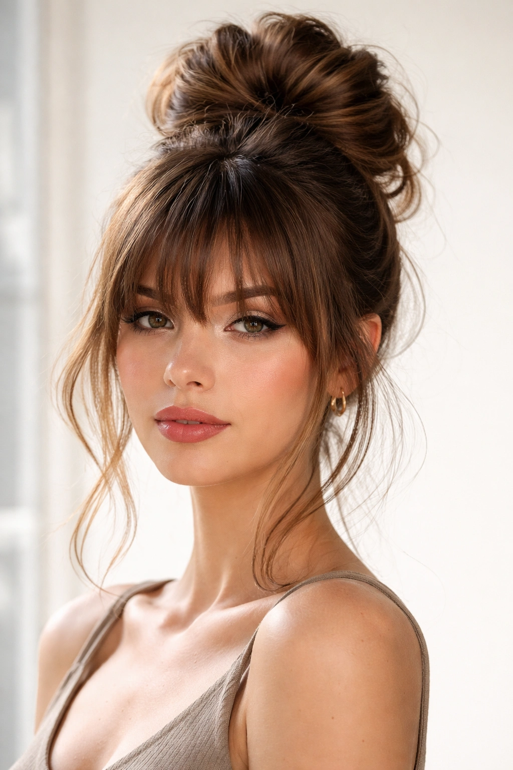 Bubble bun with feathered bangs showing stacked ponytails