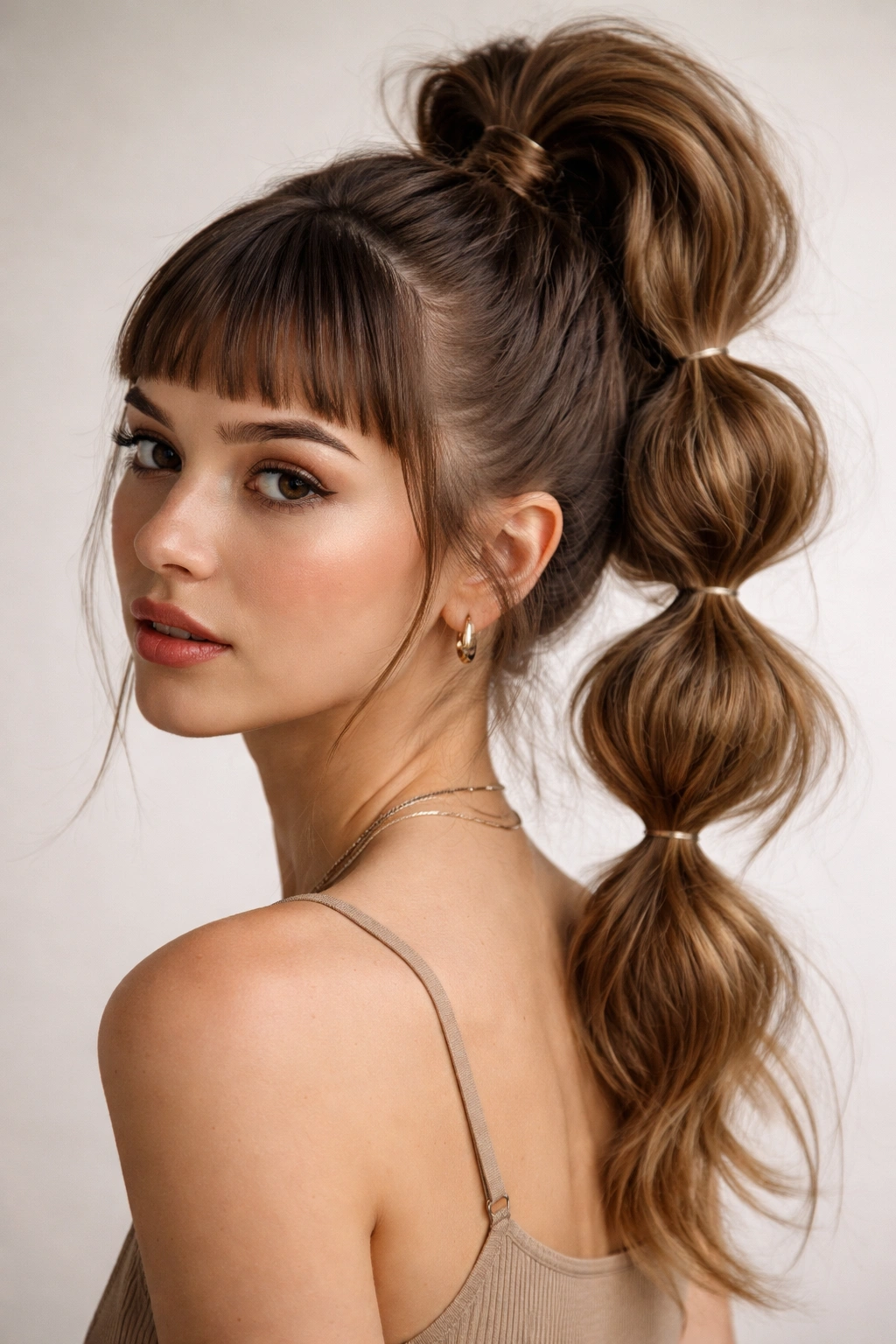 Close-up of a person showing a bubble bun with micro bangs in a high ponytail, featuring multiple fluffy bubbles along the length