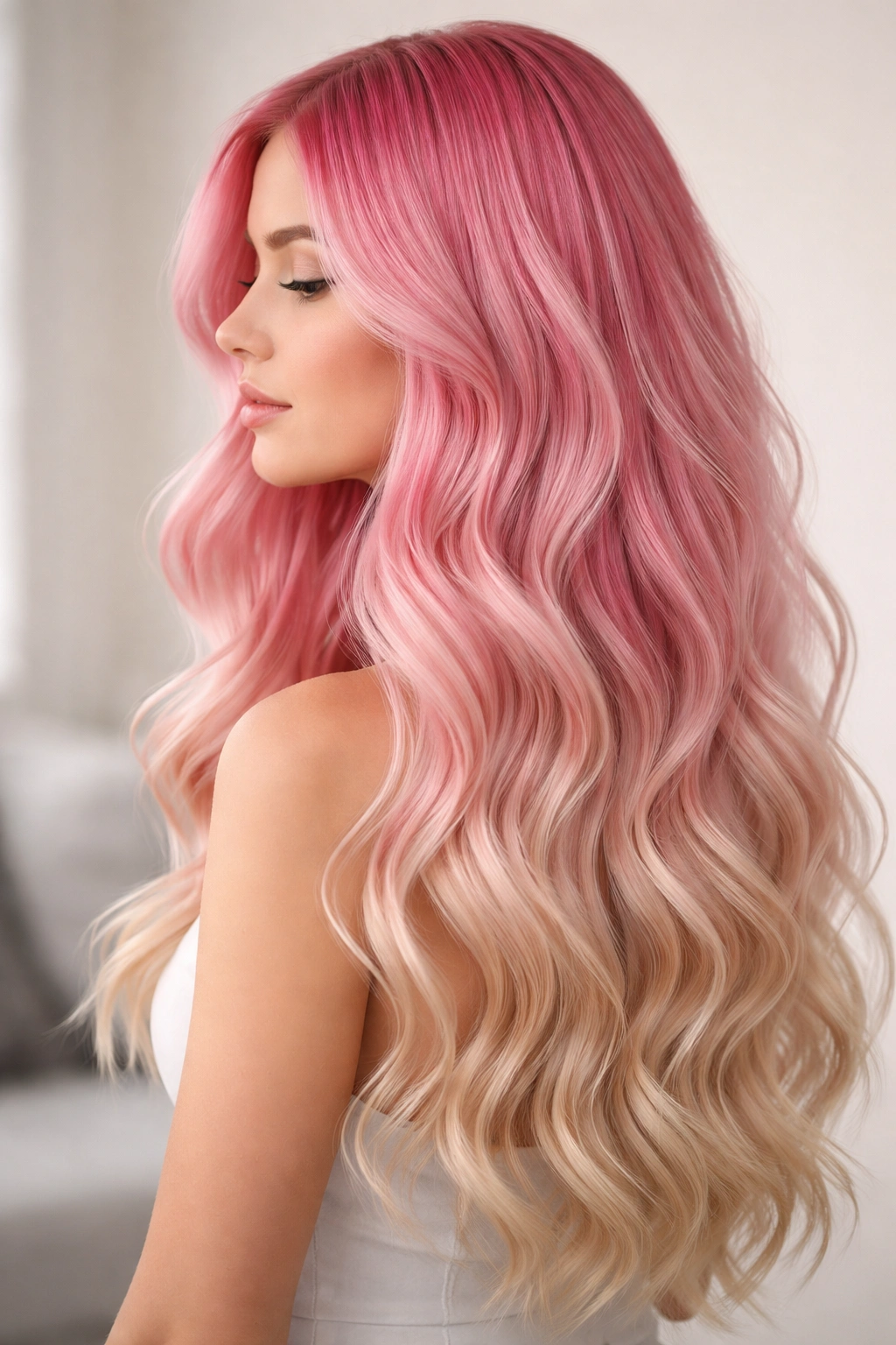 Bubblegum pink to blonde ombré hair in wavy style