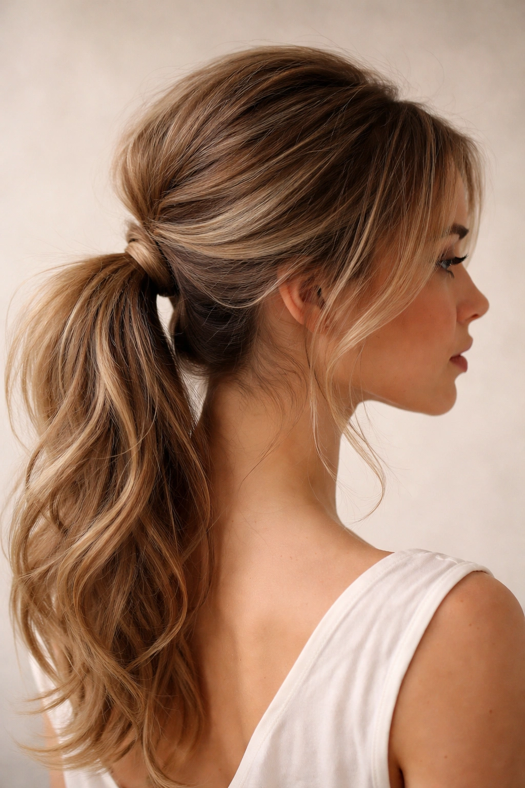 Crown volume bump at the top with a low ponytail and loose texture
