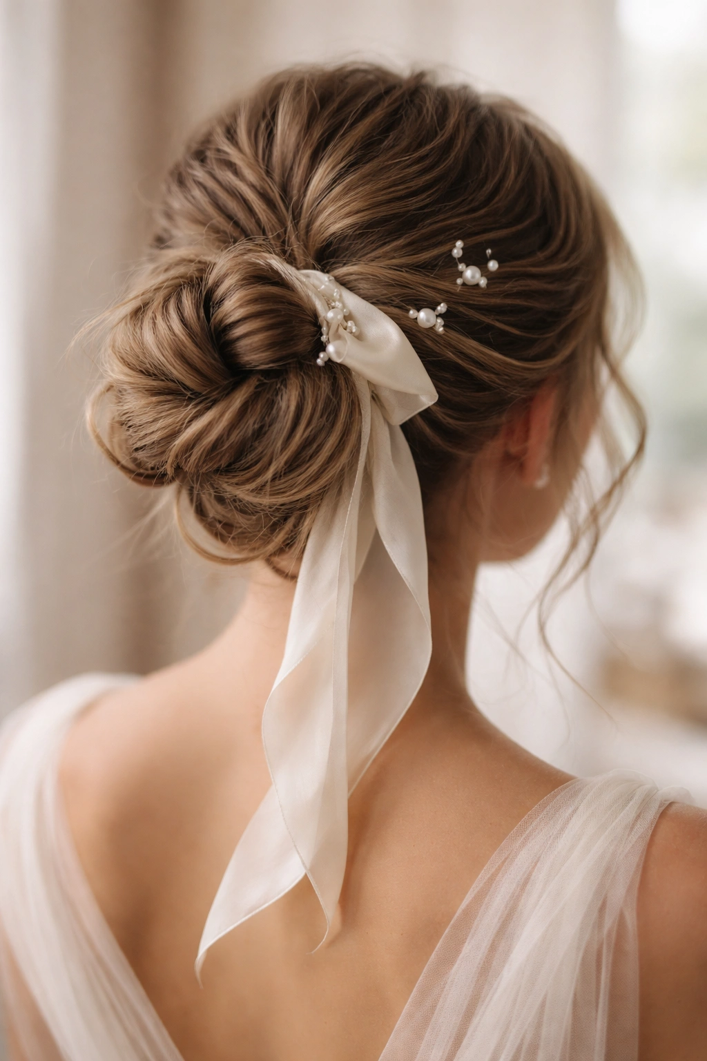 Close-up of a bun with pearl pins and a silk ribbon accessory