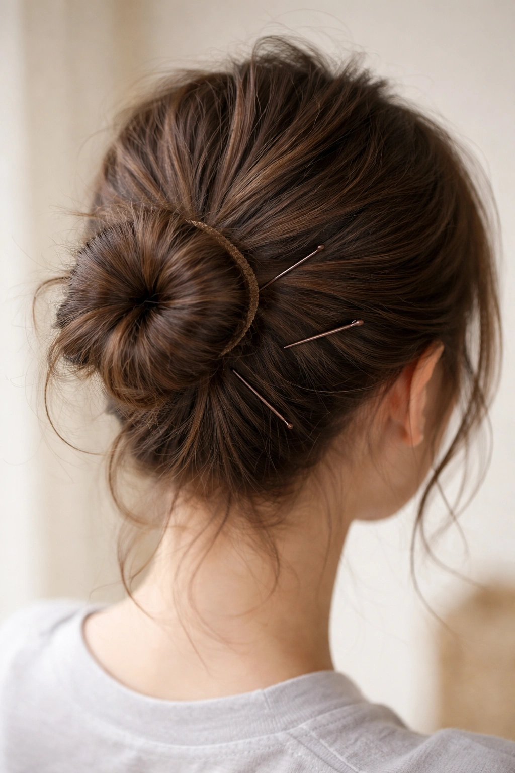 Close-up of a securely anchored messy bun with thick elastic and pins.