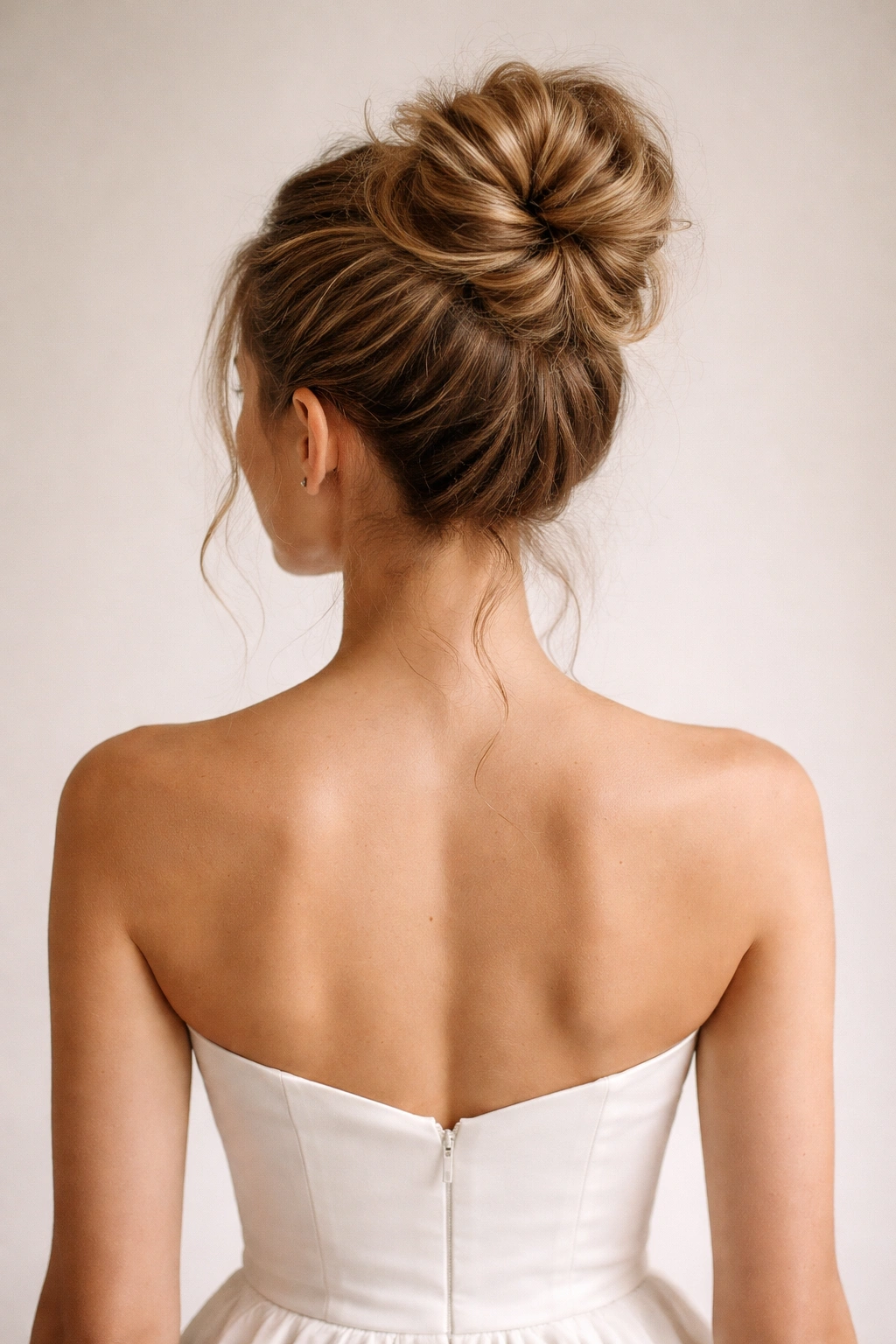 Back view of bridesmaid with a high bun and strapless dress