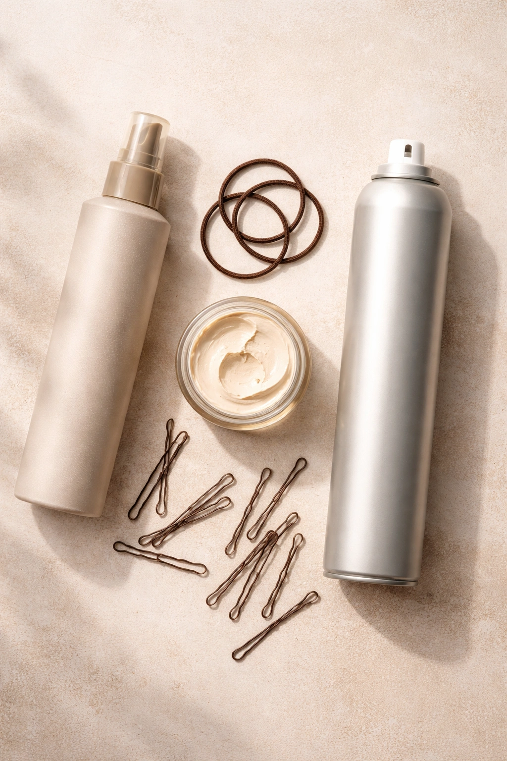 Studio still life of hair styling products for short-hair buns