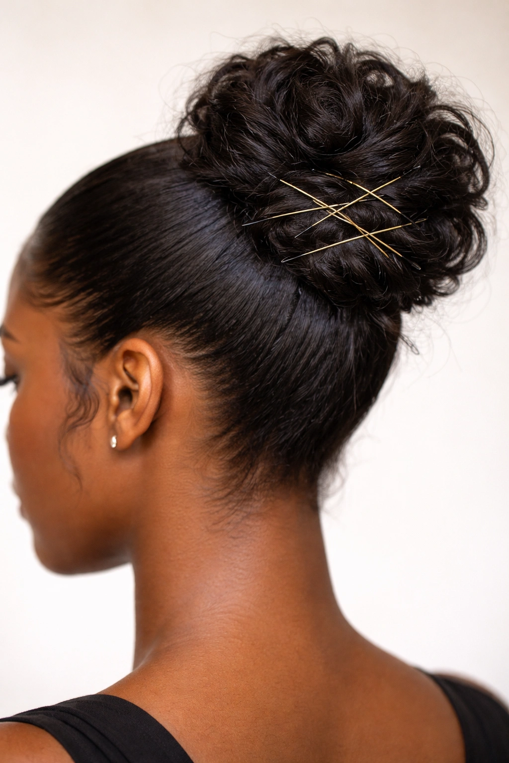 Close-up of bun with pins forming an X pattern securing a textured hairstyle