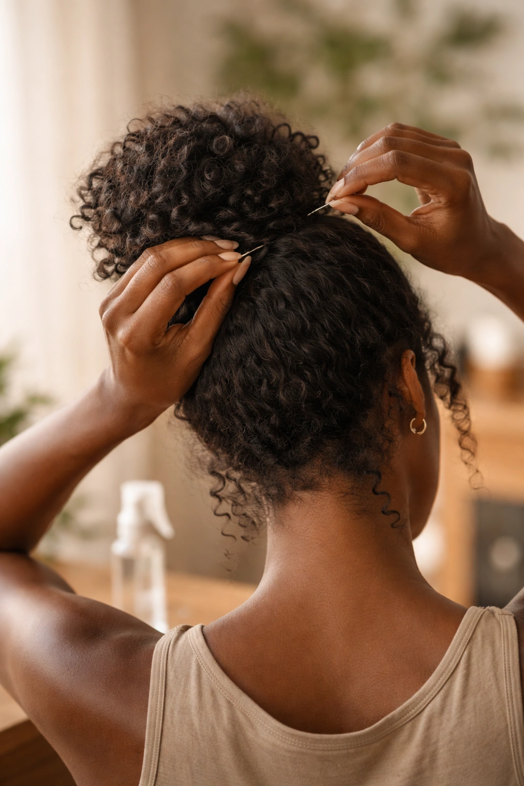 Hands adjusting a messy bun with bobby pins for day-long maintenance