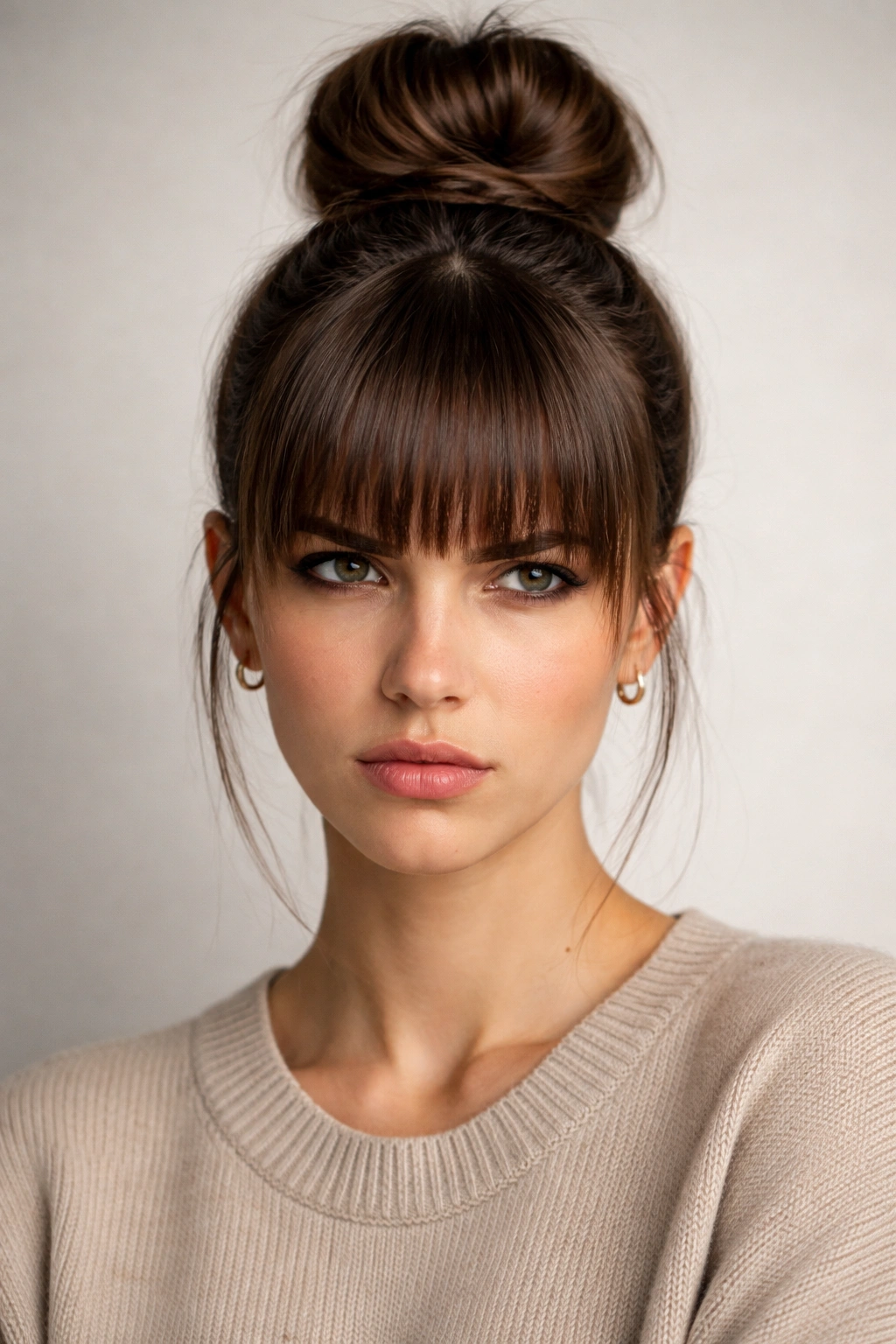 Portrait showing a high bun and heavy bangs illustrating common mistakes
