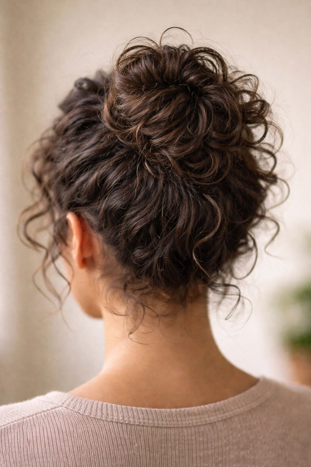 Close-up of a short curly bun with loose tension and defined curls
