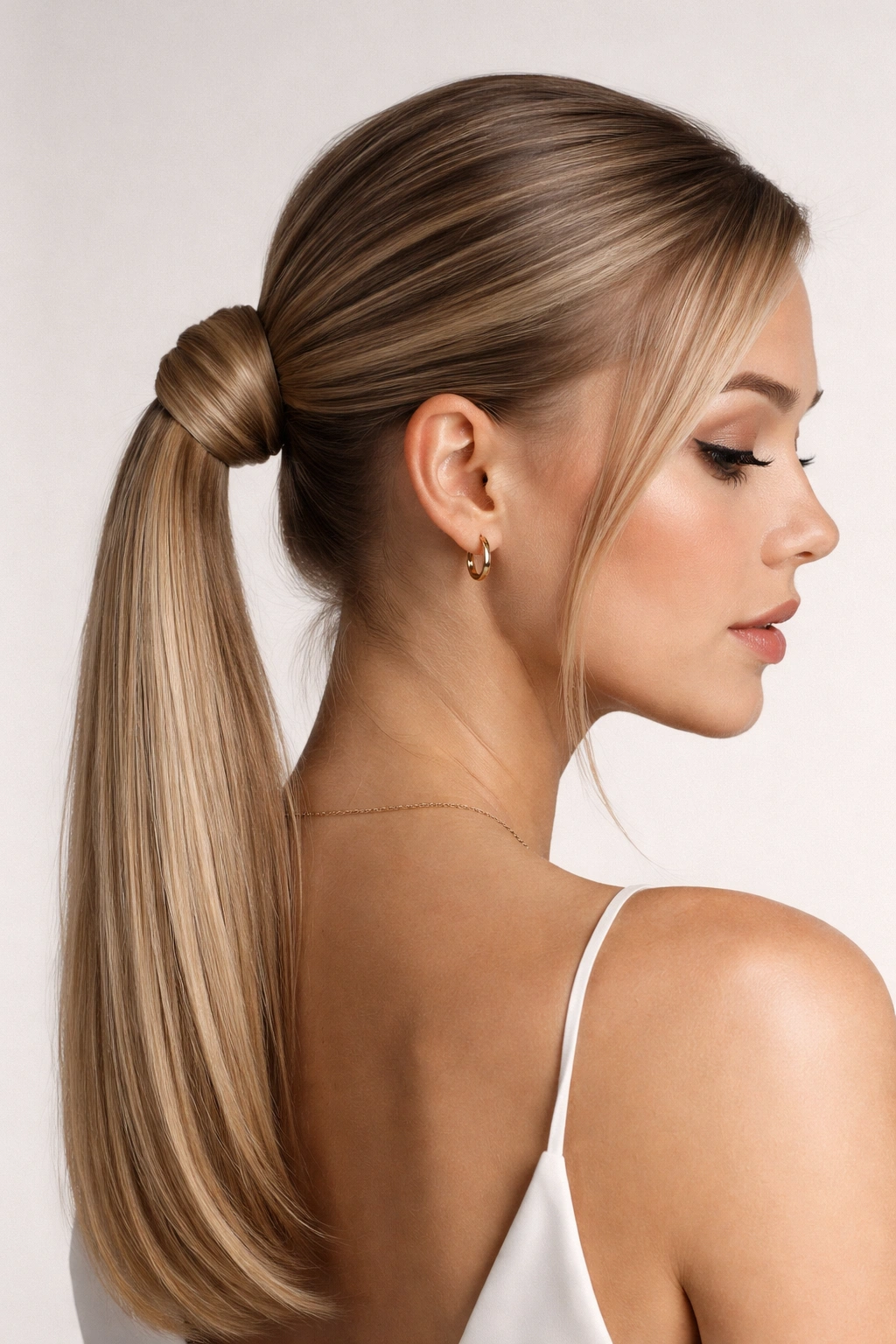 High ponytail with a soft minimalist bun at the base showing clean lines