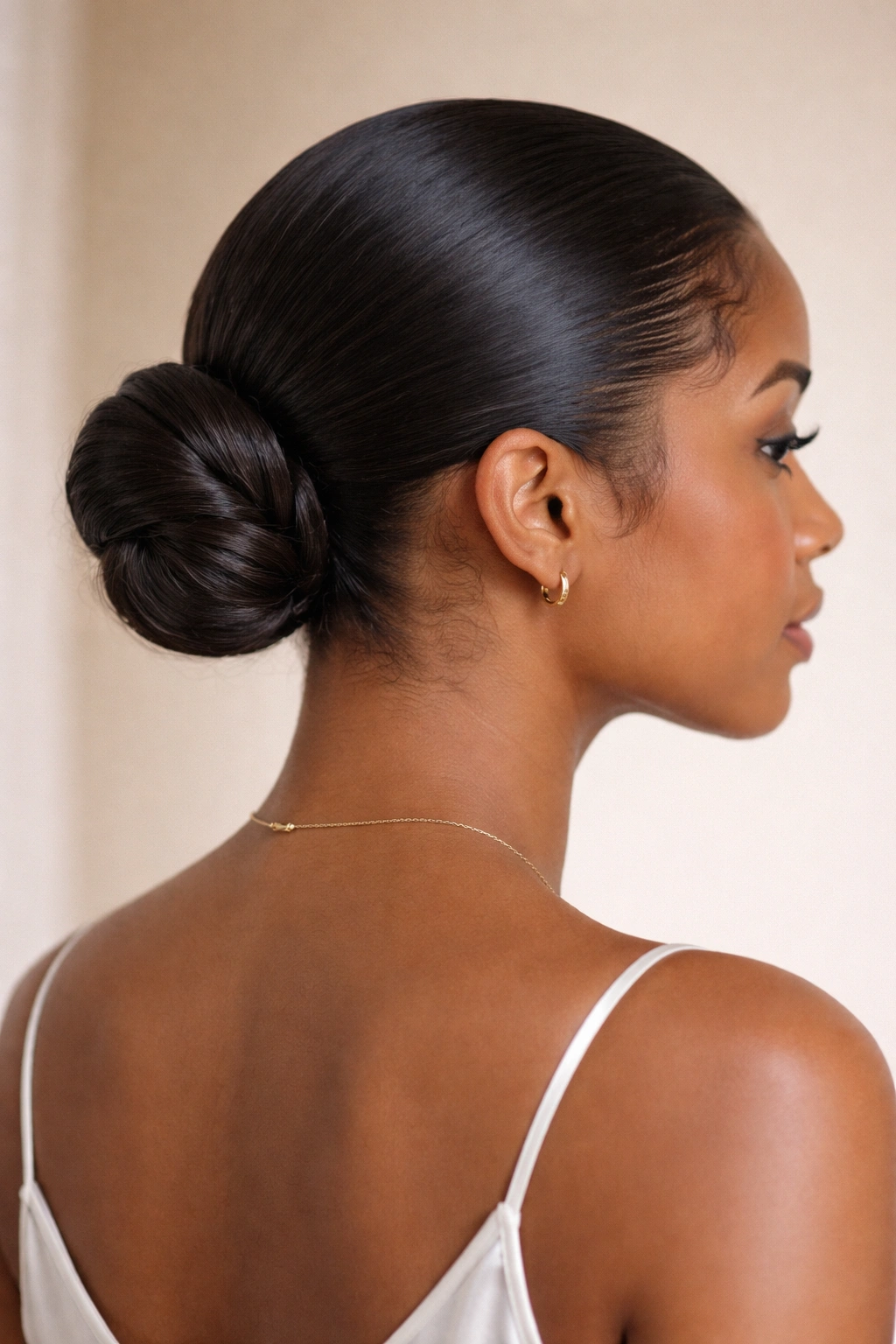 Low sleek bun ponytail at nape protecting curls