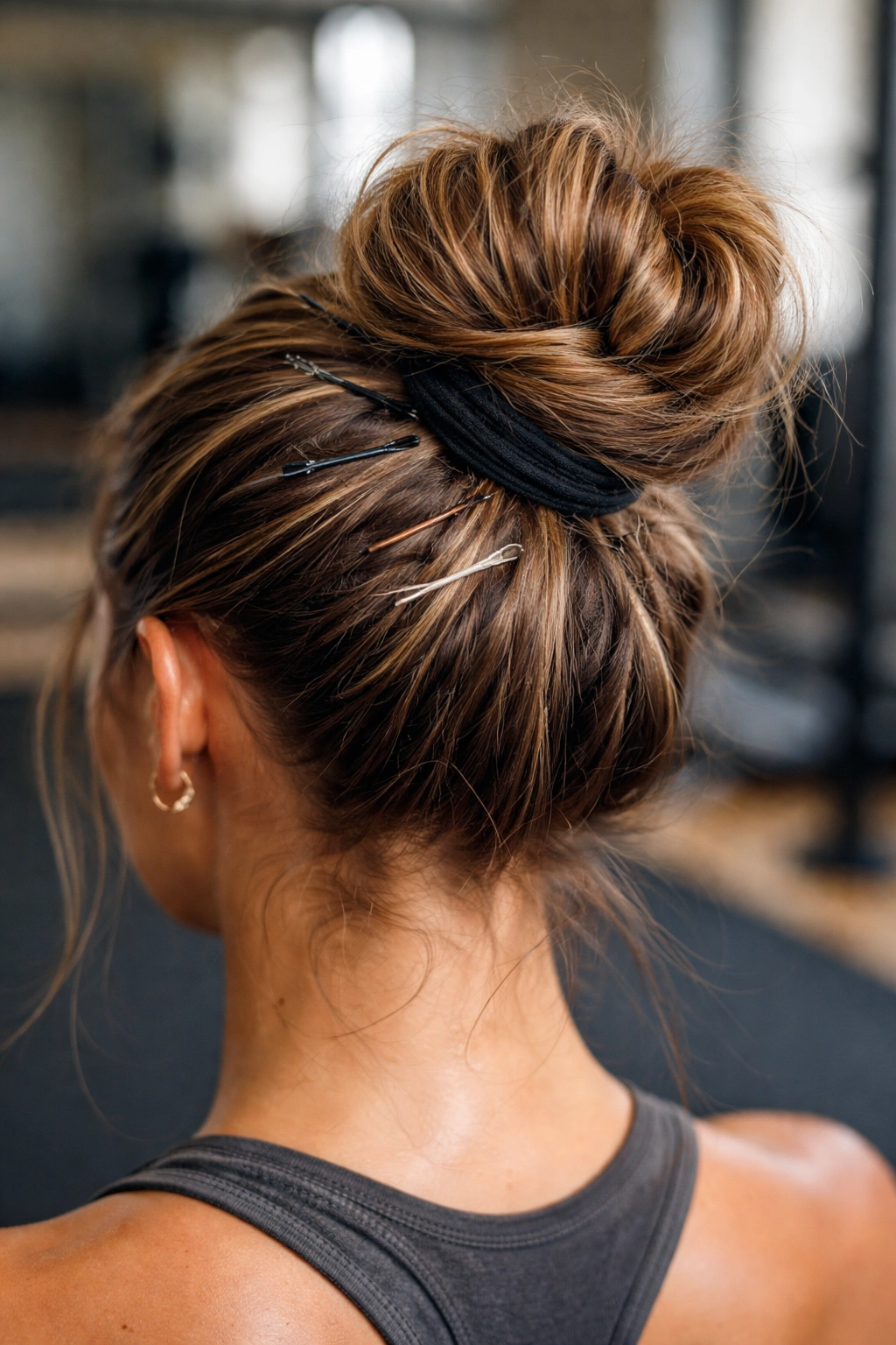 Close-up of a bun secured with pins and elastic for different workout intensities
