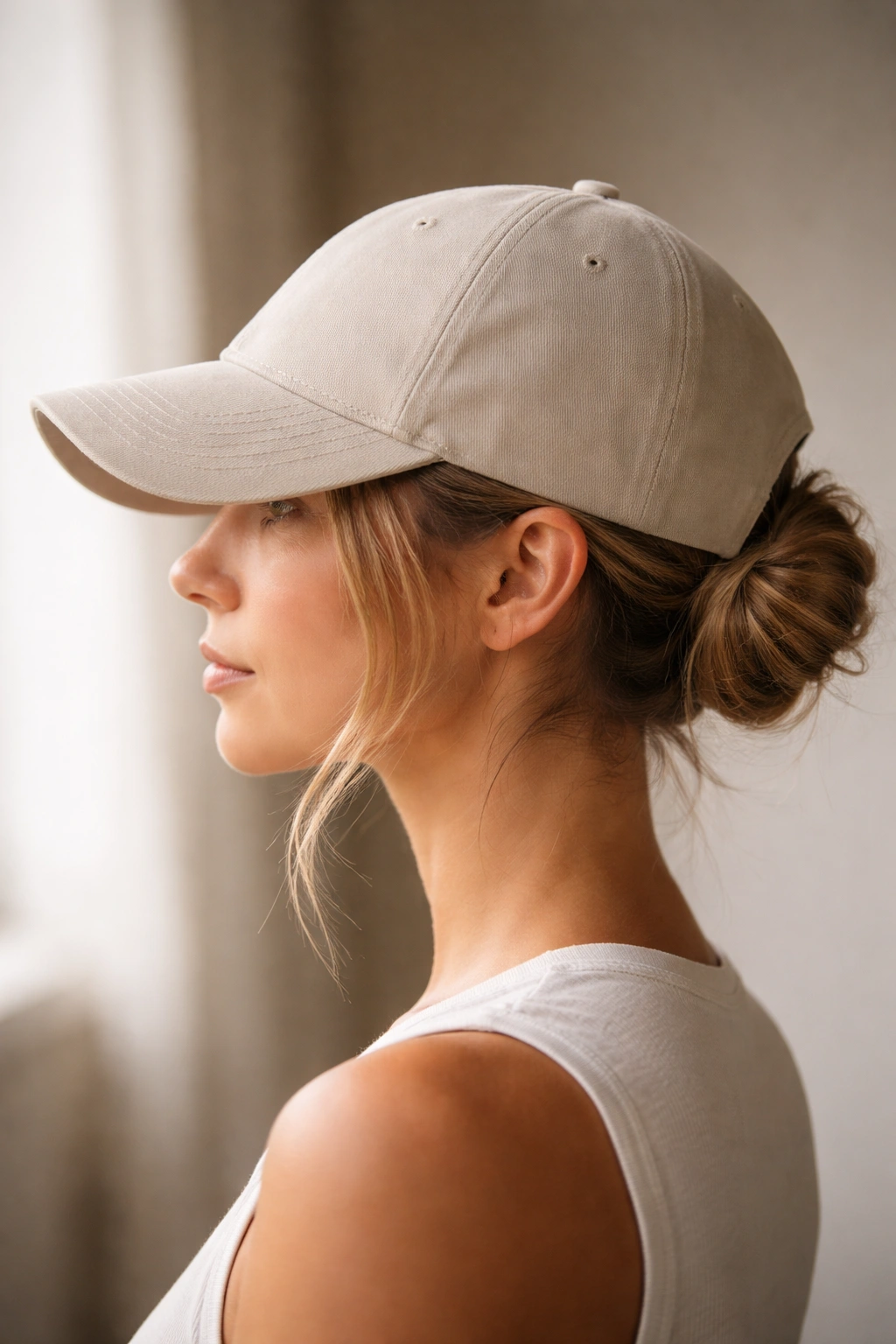 Side profile of a compact bun under a baseball cap, showing bun-to-hat size relationship