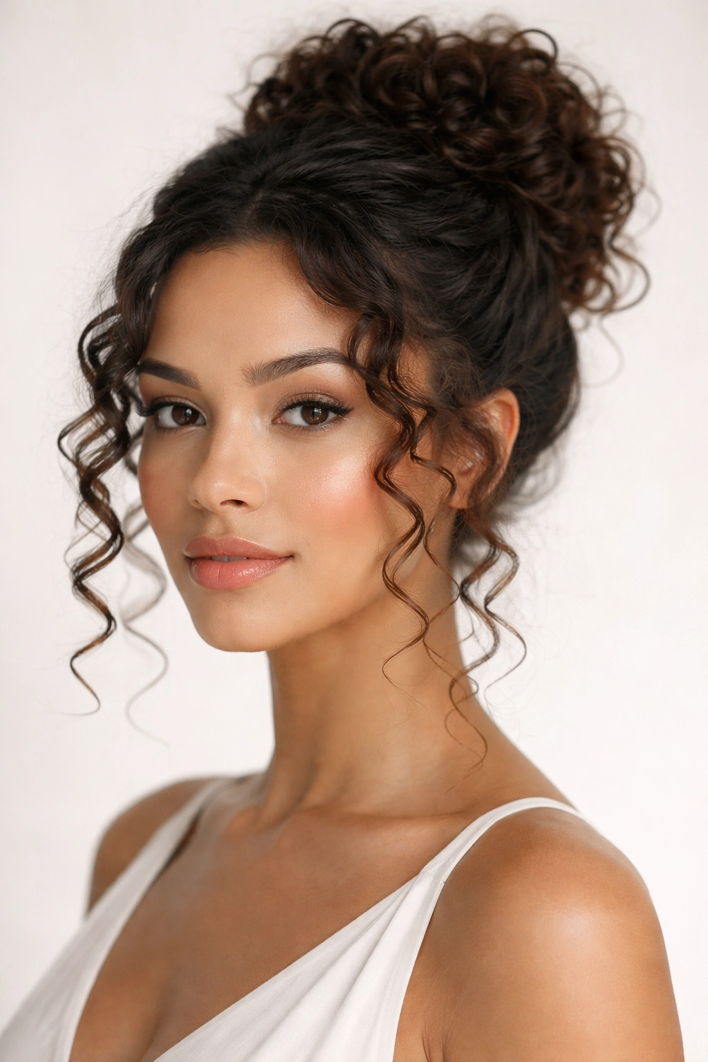 Bun with spirals framing the face on curly hair from a side view.