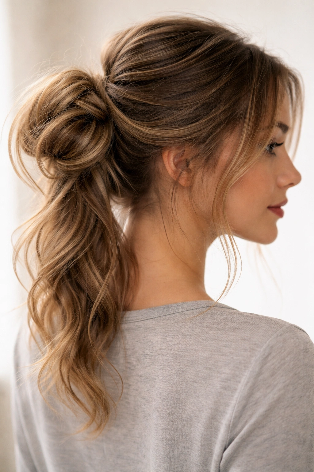 Textured bun-tail hybrid with loose bun and wisps