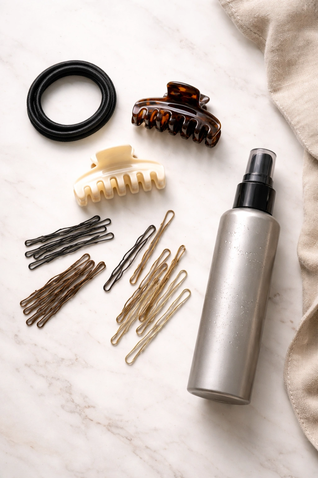 Flat lay of hair bun tools including elastic bands, clips, pins, and texture spray