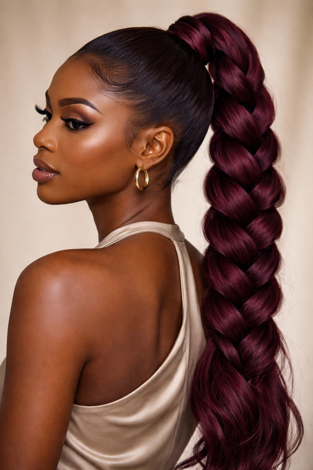 Burgundy braided ponytail showing color and texture along the braid.