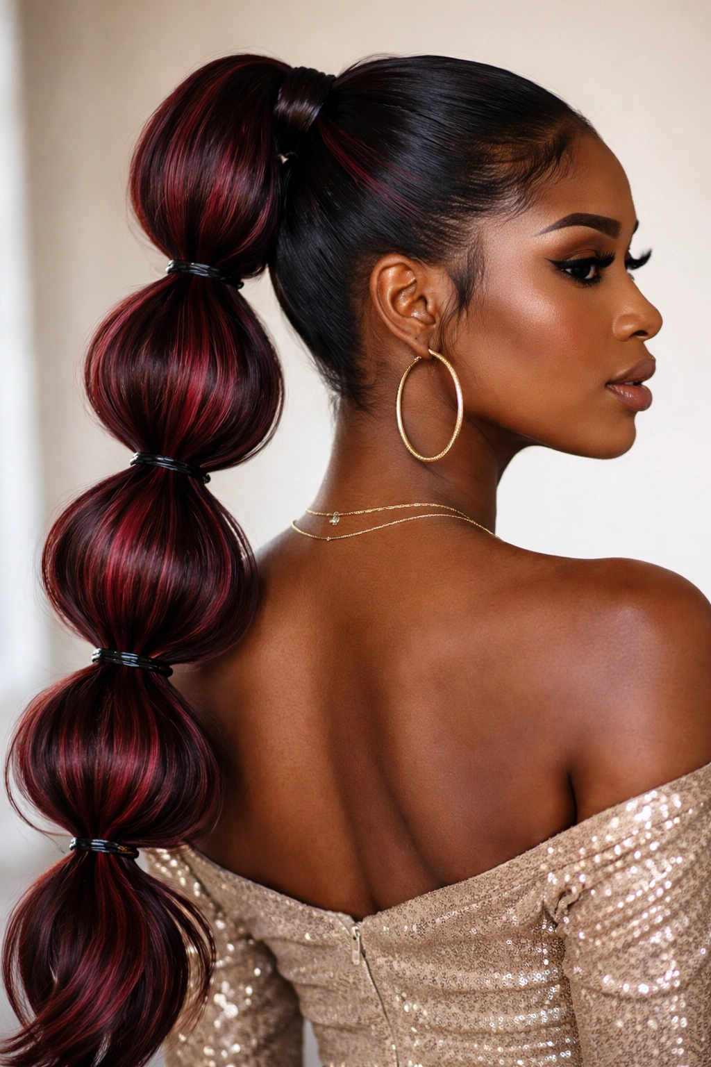 Bubble ponytail with burgundy highlights showing distinct segments.