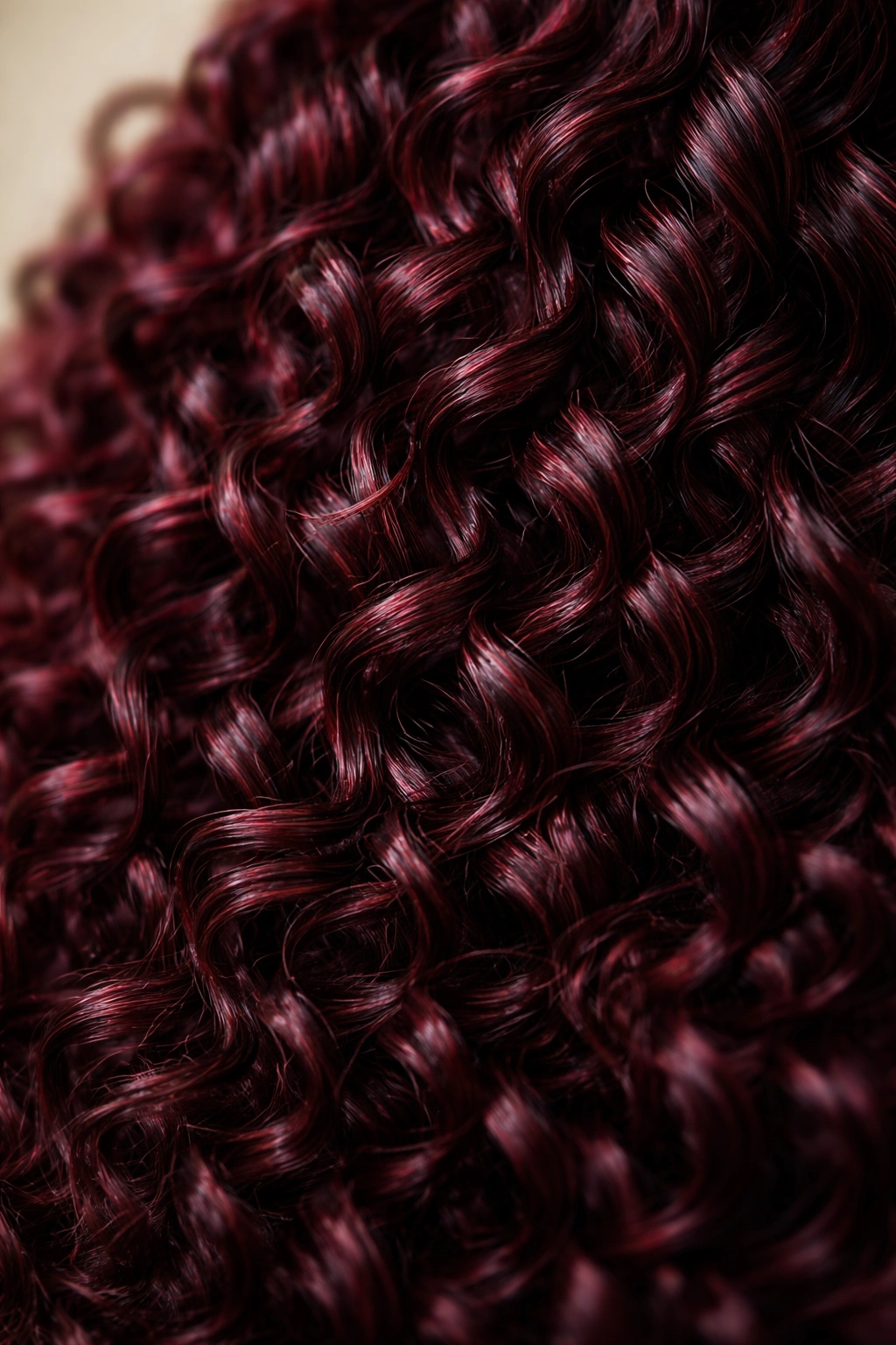 Close-up burgundy micro curls showing defined texture