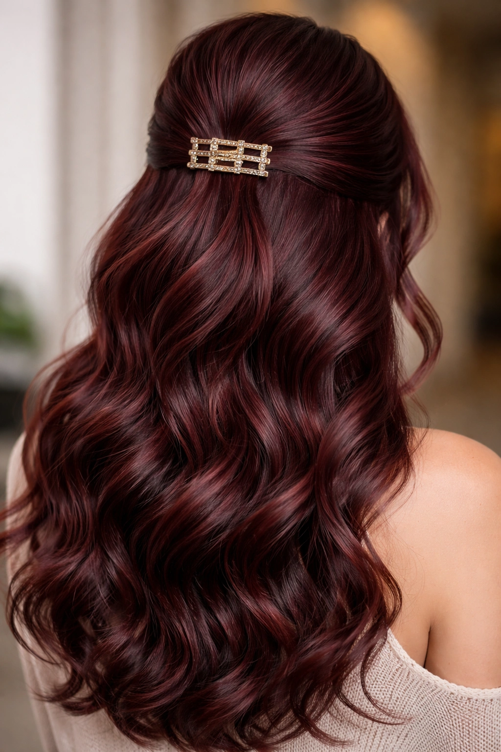 Burgundy half-up waves with metallic clip