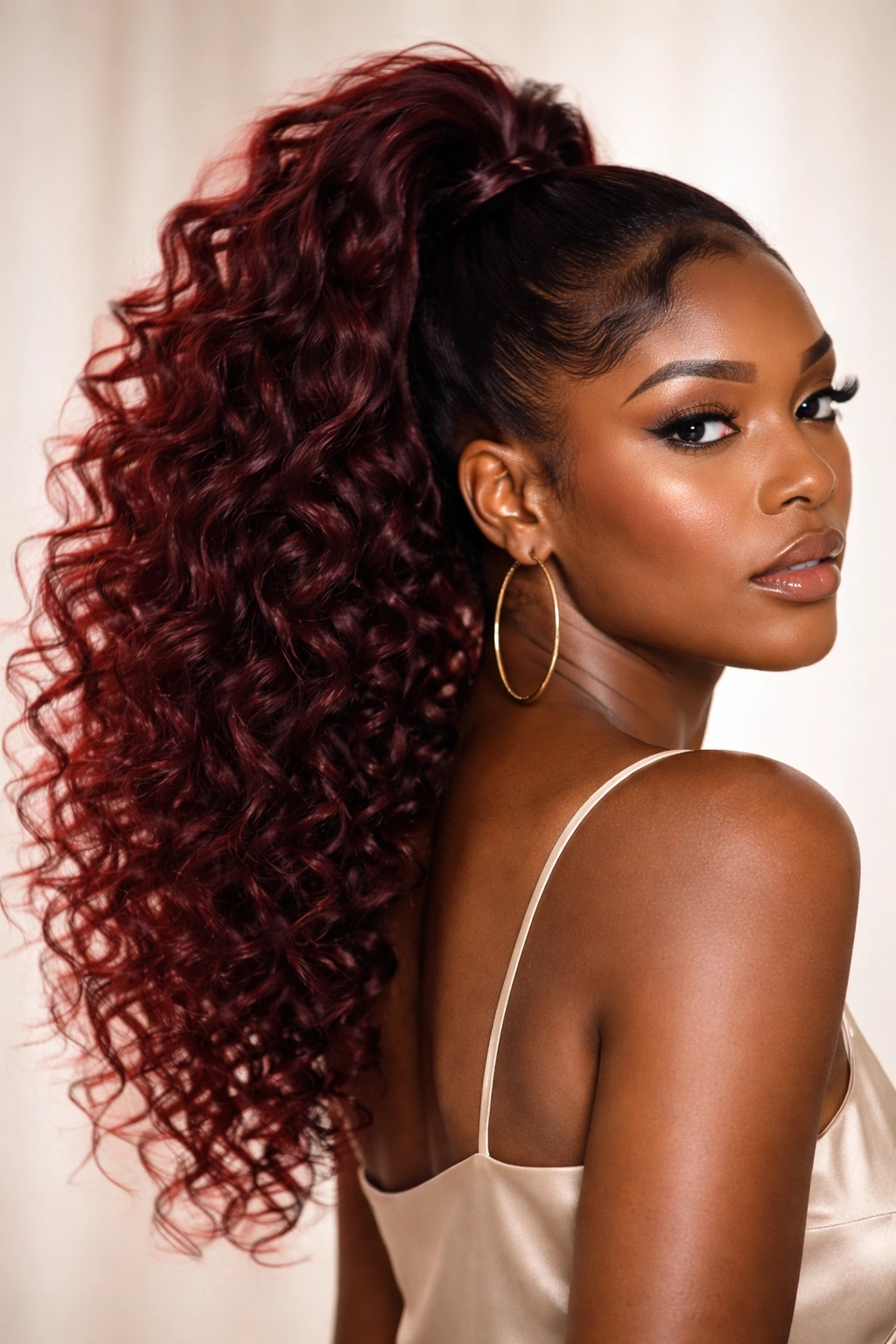 High burgundy ponytail with textured curls on dark skin in studio.