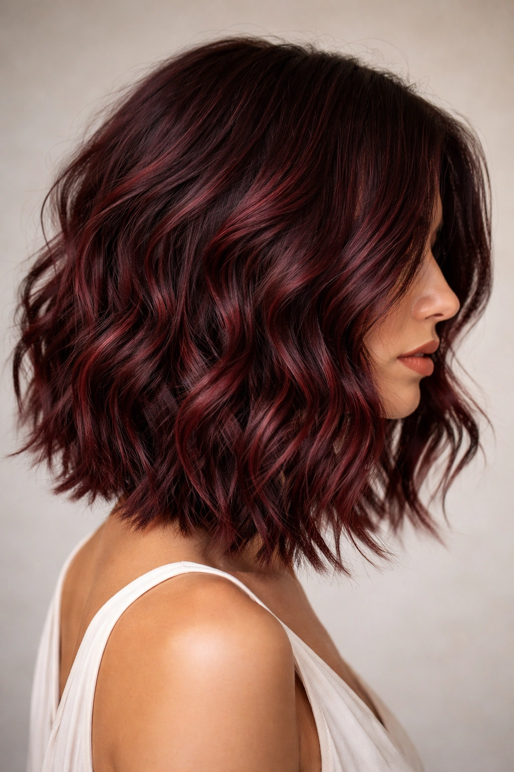 Close-up burgundy wavy lob with choppy textured ends