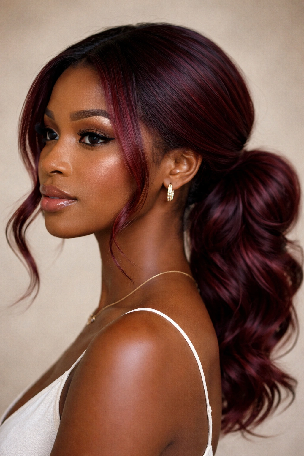 Low bun ponytail hybrid with burgundy hair framing the face.