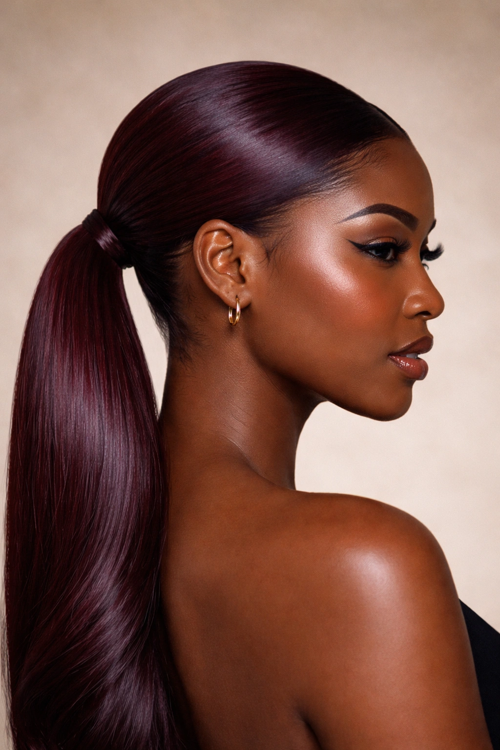 Close-up of a sleek burgundy low ponytail with smooth hair on dark skin.