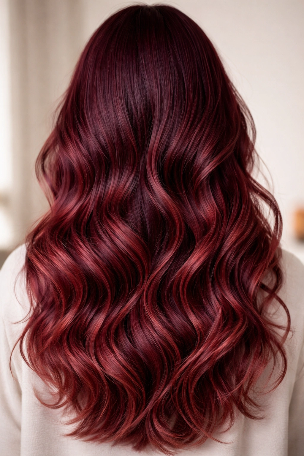 Wavy hair with burgundy-to-light ombre gradient