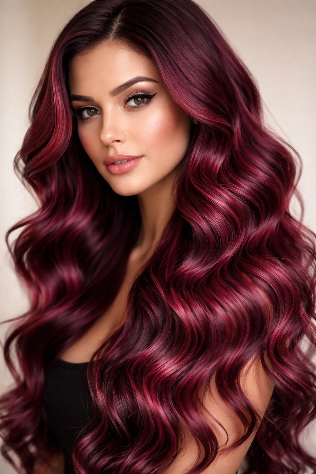 Close-up of burgundy pink deep waves with tight spirals and glossy finish