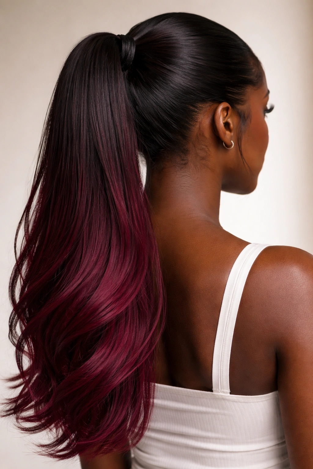 Ponytail with dark burgundy roots fading to lighter burgundy tips on dark skin