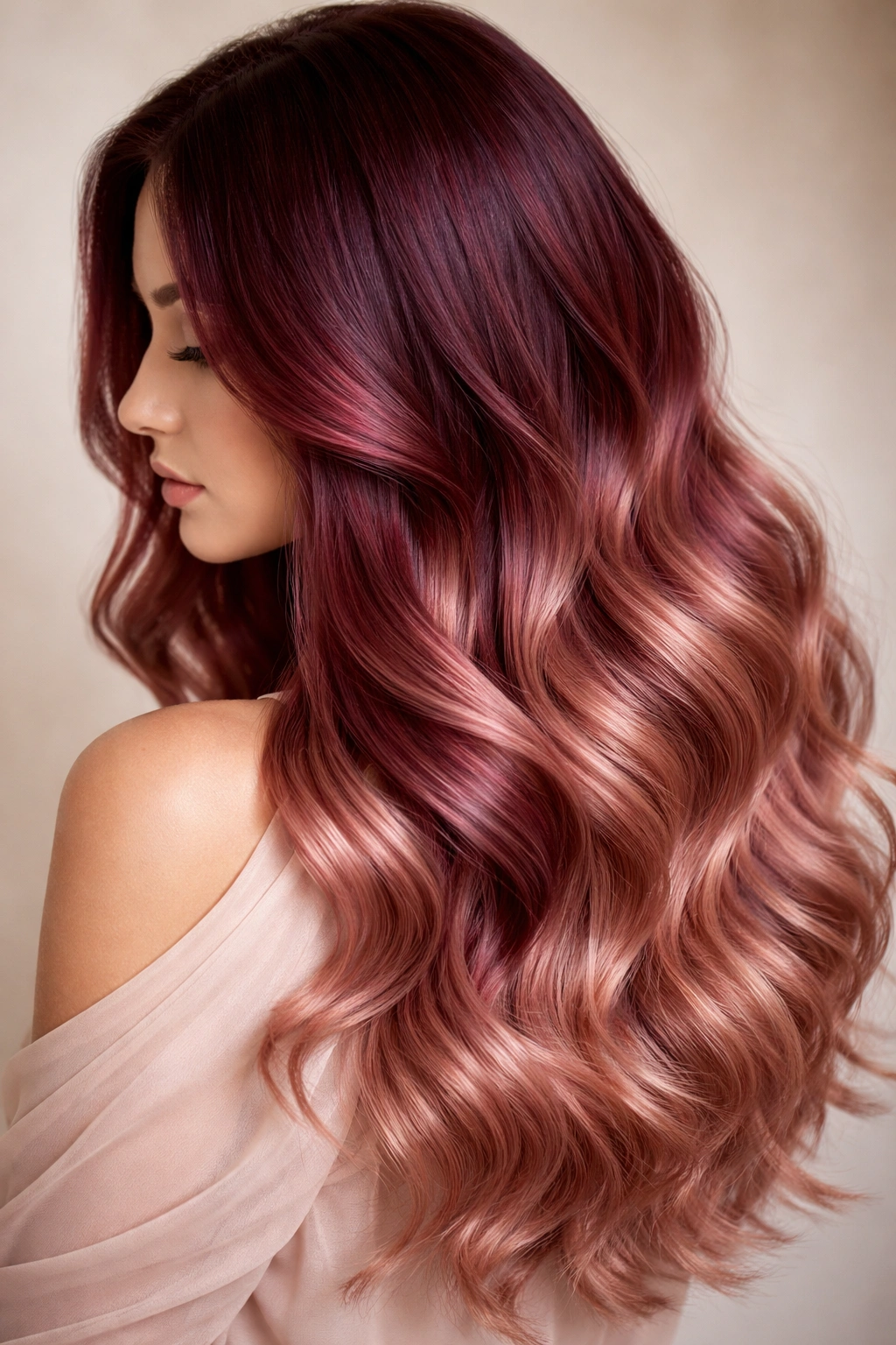 Burgundy to rose gold waves with soft lighting