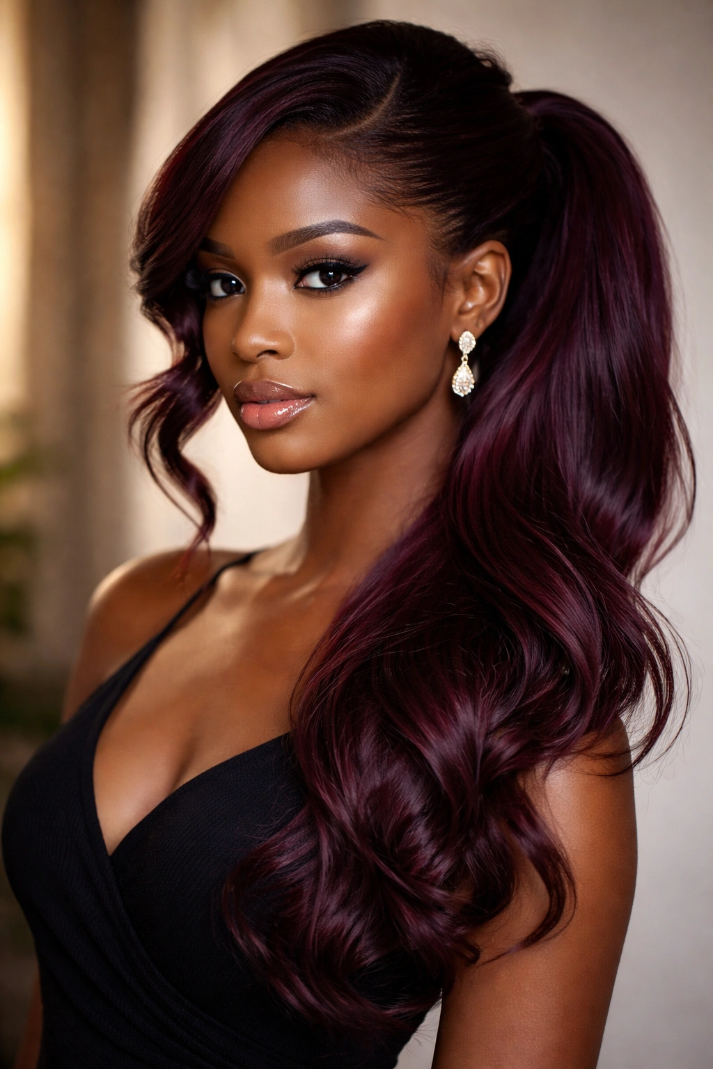 Side-swept burgundy ponytail draped over shoulder in studio.